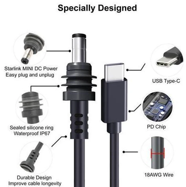 Alt view image 3 of 5 - NEDUL Starlink Mini USB C to DC Power Cable, 49ft Starlink Mini Type-C to DC Power Cable, PD 20V Type-C Input to DC Male Output Waterproof, Compatible 65W+ PD 20V Protocol Power Supply/Source (15M)