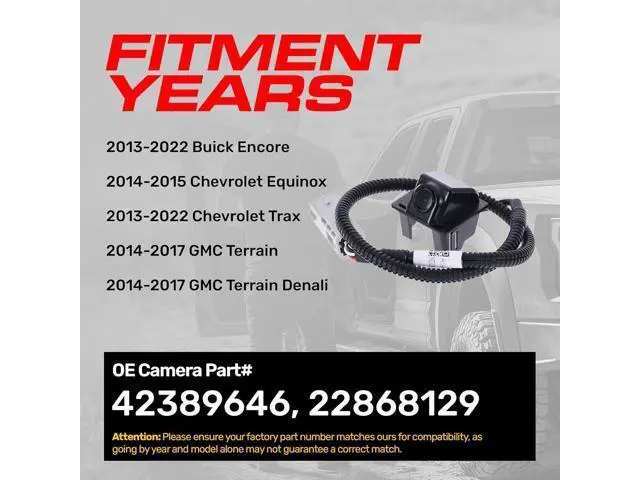Alt view image 4 of 7 - Master Tailgaters Replacement for Buick Encore (2013-2022) / Chevrolet Trax (2013-2022), Equinox (2014-2015) / GMC Terrain/Terrain Denali (2014-2017) Backup Camera OE Part # 42389646, 22868129