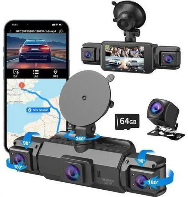 Main image of 4 Channel Dash Cam, Front and Rear, 360 Dash Camera for Cars, 1080P FHD x4, Front 2K+1080P*2 Inside Camera, Built-in WiFi, GPS, Night Vision, 24/7 Recording Parking Mode Monitor, Free 64G Card