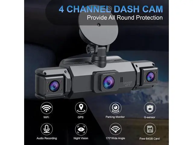 Alt view image 2 of 6 - 4 Channel Dash Cam, Front and Rear, 360 Dash Camera for Cars, 1080P FHD x4, Front 2K+1080P*2 Inside Camera, Built-in WiFi, GPS, Night Vision, 24/7 Recording Parking Mode Monitor, Free 64G Card