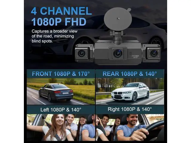 Alt view image 3 of 6 - 4 Channel Dash Cam, Front and Rear, 360 Dash Camera for Cars, 1080P FHD x4, Front 2K+1080P*2 Inside Camera, Built-in WiFi, GPS, Night Vision, 24/7 Recording Parking Mode Monitor, Free 64G Card