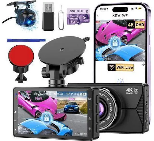 Main image of Dash Cam Front and Rear, Dash Cam 4K WiFi/APP Control Dashcam W/ 64GB Card Dash Camera for Cars DVR Car Security Cameras W/Loop Recording G-Sensor Time-Lapse Parking Mode Car Dashcam USB Powered