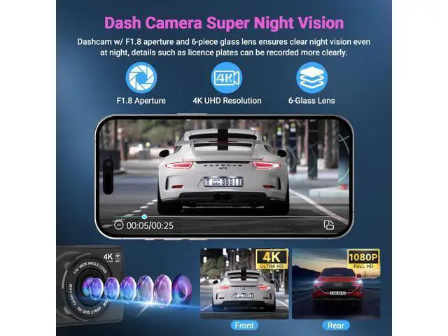 Alt view image 4 of 7 - Dash Cam Front and Rear, Dash Cam 4K WiFi/APP Control Dashcam W/ 64GB Card Dash Camera for Cars DVR Car Security Cameras W/Loop Recording G-Sensor Time-Lapse Parking Mode Car Dashcam USB Powered