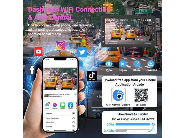 Alt view image 2 of 7 - Dash Cam Front and Rear, Dash Cam 4K WiFi/APP Control Dashcam W/ 64GB Card Dash Camera for Cars DVR Car Security Cameras W/Loop Recording G-Sensor Time-Lapse Parking Mode Car Dashcam USB Powered