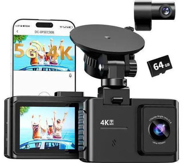Main image of Dash Cam Front and Rear: 4K Dual Channel Dash Cam - 5GHz WiFi, Dash Camera for Cars with 64GB Card, 2" IPS, App Control, G-Sensor, Loop Recording, 170° Wide Angle, Night Vision, 24H Parking Mode