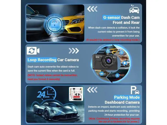 Alt view image 6 of 7 - Dash Cam Front and Rear, Dash Cam 4K WiFi/APP Control Dashcam W/ 64GB Card Dash Camera for Cars DVR Car Security Cameras W/Loop Recording G-Sensor Time-Lapse Parking Mode Car Dashcam USB Powered