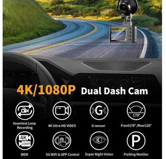 Alt view image 2 of 7 - Dash Cam Front and Rear: 4K Dual Channel Dash Cam - 5GHz WiFi, Dash Camera for Cars with 64GB Card, 2" IPS, App Control, G-Sensor, Loop Recording, 170° Wide Angle, Night Vision, 24H Parking Mode