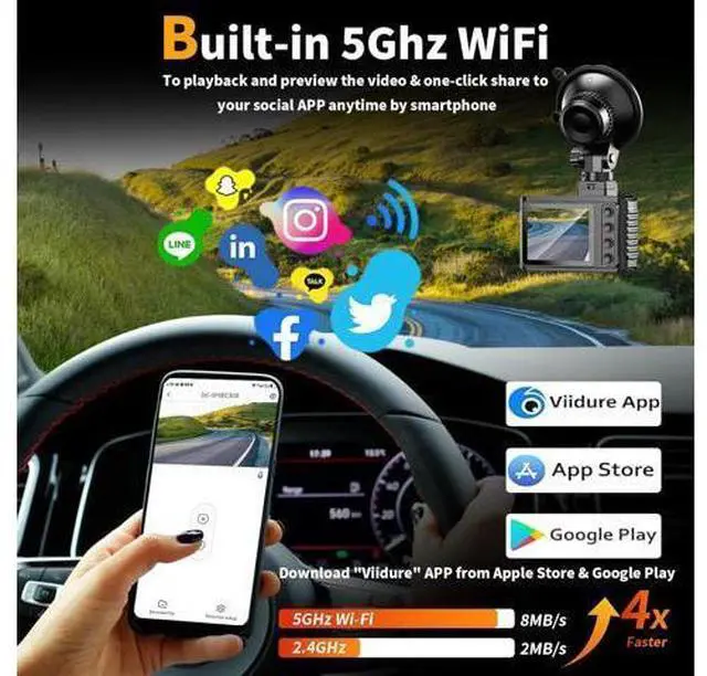 Alt view image 4 of 7 - Dash Cam Front and Rear: 4K Dual Channel Dash Cam - 5GHz WiFi, Dash Camera for Cars with 64GB Card, 2" IPS, App Control, G-Sensor, Loop Recording, 170° Wide Angle, Night Vision, 24H Parking Mode