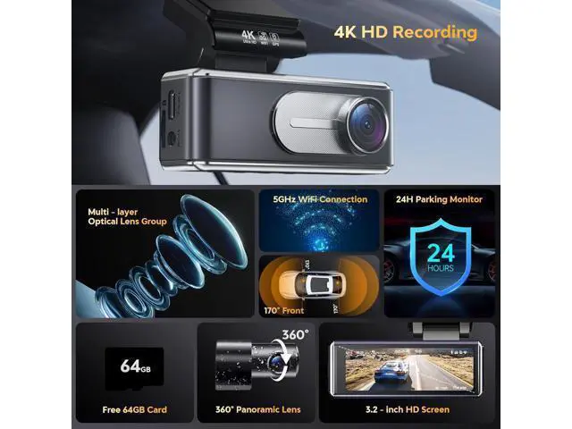 Alt view image 2 of 7 - Dash Cam Front and Rear - 4K HD Dual Dash Camera for Cars, Built-in 5G WiFi GPS, 64GB Card, Dashcam with 3.2" IPS Screen, UHD Night Vision, HDR, App Control, 24H Parking Monitor