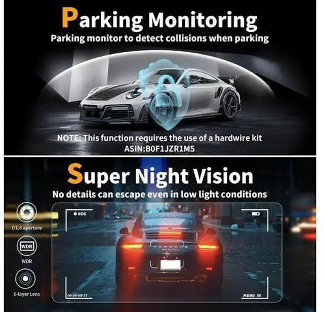 Alt view image 7 of 7 - Dash Cam Front and Rear: 4K Dual Channel Dash Cam - 5GHz WiFi, Dash Camera for Cars with 64GB Card, 2" IPS, App Control, G-Sensor, Loop Recording, 170° Wide Angle, Night Vision, 24H Parking Mode