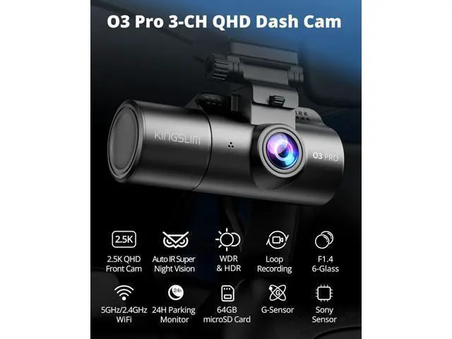 Alt view image 2 of 7 - Dash Cam Front and Rear Inside, 3-Channel 2.5K FHD Dash Camera for Cars with 2" Screen, Wireless Dashcam with 5GHz WiFi, 64GB Card, Car Camera Front and Back, Auto IR Night Vision, HDR, G-Sensor