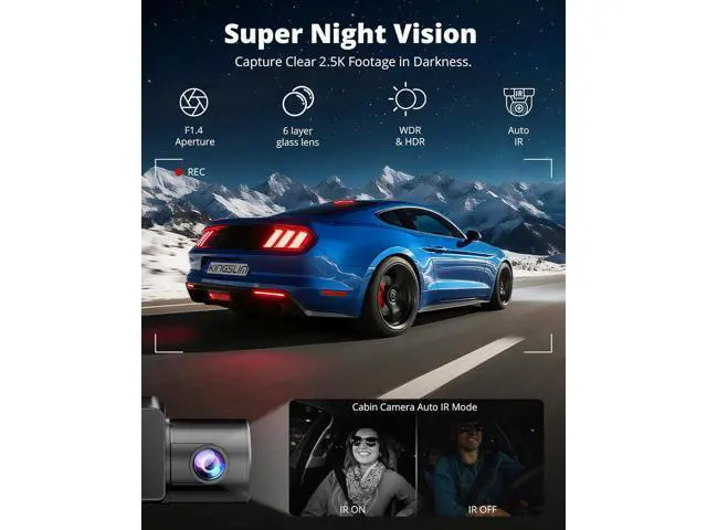 Alt view image 4 of 7 - Dash Cam Front and Rear Inside, 3-Channel 2.5K FHD Dash Camera for Cars with 2" Screen, Wireless Dashcam with 5GHz WiFi, 64GB Card, Car Camera Front and Back, Auto IR Night Vision, HDR, G-Sensor