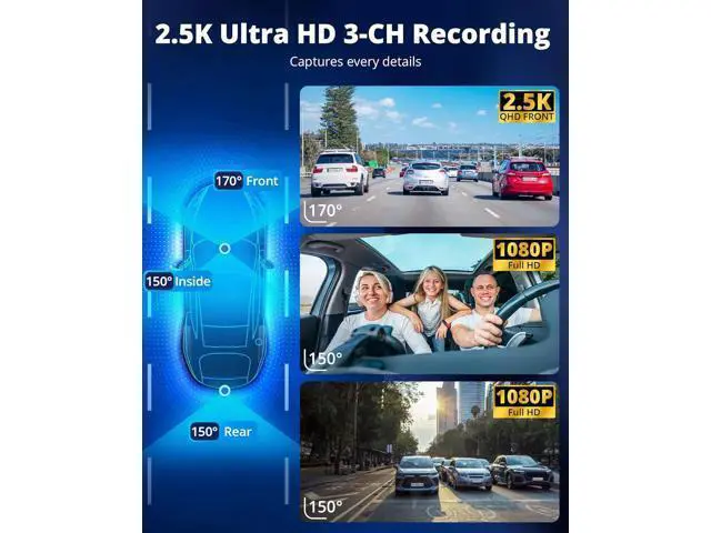 Alt view image 3 of 7 - Dash Cam Front and Rear Inside, 3-Channel 2.5K FHD Dash Camera for Cars with 2" Screen, Wireless Dashcam with 5GHz WiFi, 64GB Card, Car Camera Front and Back, Auto IR Night Vision, HDR, G-Sensor