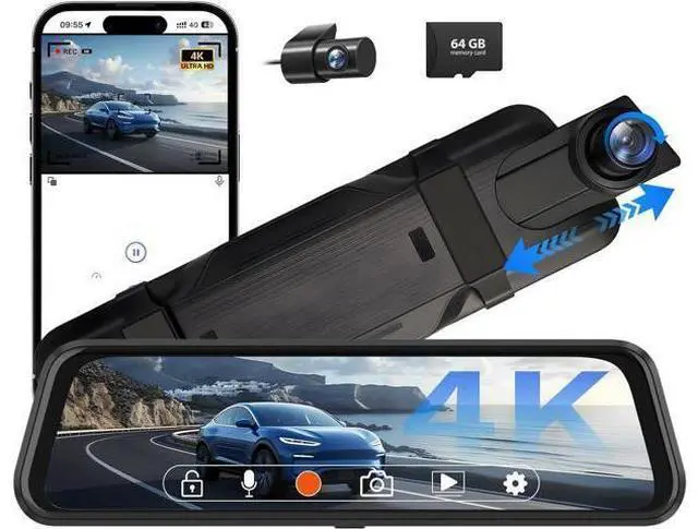 Main image of 4K Rear View Mirror Camera, 10" Mirror Dash Cam Front and Rear with 64GB Card, Full Touch Screen Dash Cam with 1080P Backup Camera for Car with Reverse Assist,WiFi,APP,Night Vision,Parking Monitor