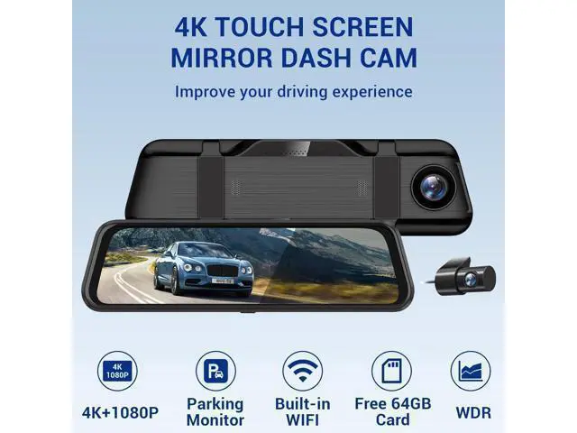 Alt view image 7 of 7 - 4K Rear View Mirror Camera, 10" Mirror Dash Cam Front and Rear with 64GB Card, Full Touch Screen Dash Cam with 1080P Backup Camera for Car with Reverse Assist,WiFi,APP,Night Vision,Parking Monitor