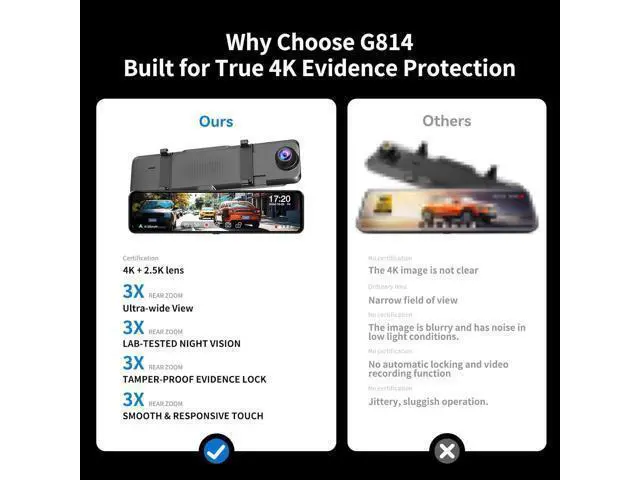 Alt view image 7 of 7 - JOMISE G814 11" 4K+2.5K Rear View Mirror Camera No WiFi/Bluetooth, Mirror Dash Cam Front and Rear, Pure Evidence Recorder, Dash Cam for Cars, 3X Zoom, 64GB Card Included