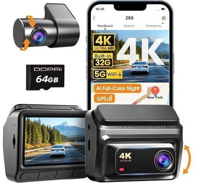 Main image of DDPAI 4K Dash Cam Front and Rear, Built-in 32G eMMC Dual Dash Car Camera,64GB Card Included Dashcam,Night Vision Dash Camera,5GHz WiFi, 7 Days Parking Mode,GPS,3" IPS, ADAS, WDR, Support 512GB,Z60