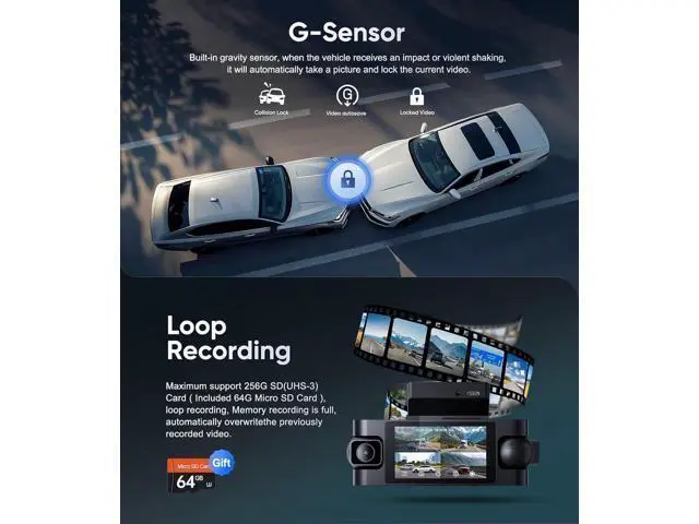 Alt view image 3 of 7 - 4 Channel Dash Cam Front and Rear Inside Left Right, 1080P Dash Camera for Cars,Car Camera with 3" IPS Screen,Night Vision,Included 64GB Card,Support Optional GPS, 24/7 Recording Parking Mode