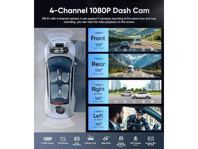 Alt view image 2 of 7 - 4 Channel Dash Cam Front and Rear Inside Left Right, 1080P Dash Camera for Cars,Car Camera with 3" IPS Screen,Night Vision,Included 64GB Card,Support Optional GPS, 24/7 Recording Parking Mode