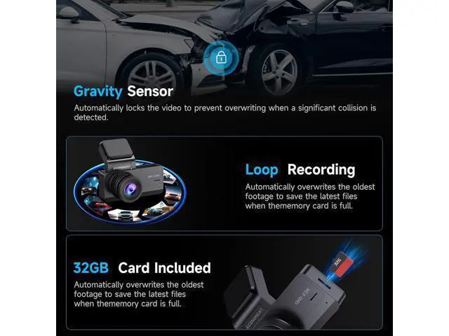 Alt view image 4 of 7 - Dash Cam Front and Rear, 2.5K Dual Dash Camera for Cars, Car Camera with 3.16" IPS Screen, 170° Wide Angle, WDR Night Vision, G-Sensor, 24H Parking Monitor, 32GB Card Included, Support 256 GB Max