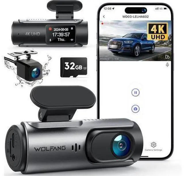 Main image of WOLFANG 4K Dash Cam Front and Rear WiFi Dashcam, Dual Car Camera Dash Cam with Super Night Vision, Loop Recording, G-Sensor, 170 Wide Angle, Parking Guard, with SD Card, APP Control