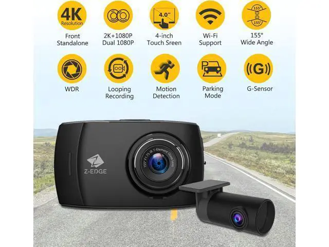 Alt view image 2 of 7 - Z-Edge T4 Dash Cam Front and Rear, 4K Dual Dash cam, 2K+1080P Front and Rear, Touch Screen WiFi Car Camera, WDR, Night Vision, G-Sensor, Loop Recording, 24 Hours Parking Mode, Support 512GB Max