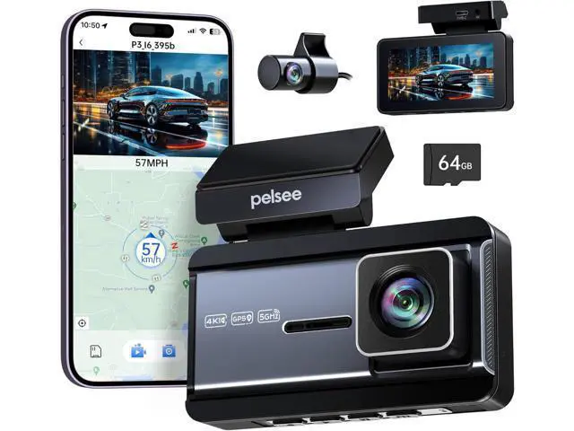 Main image of Pelsee P3 4K Dash Cam Front and Rear, 64GB SD Card, 4K+1080P Dual Dash Camera for Cars with Wi-Fi, GPS, ADAS, BSD, LCA, 3 IPS Display Car Camera, APP & Voice Control, Night Vision, 24H Parking Mode