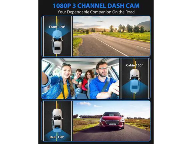 Alt view image 2 of 7 - Dash Cam Front and Rear, 1080P Dash Camera for Cars, 3 Channel Car Camera Front Rear and Inside with 32GB Card, Loop Recording, Night Vision, HDR, 24Hr Parking, G-Sensor