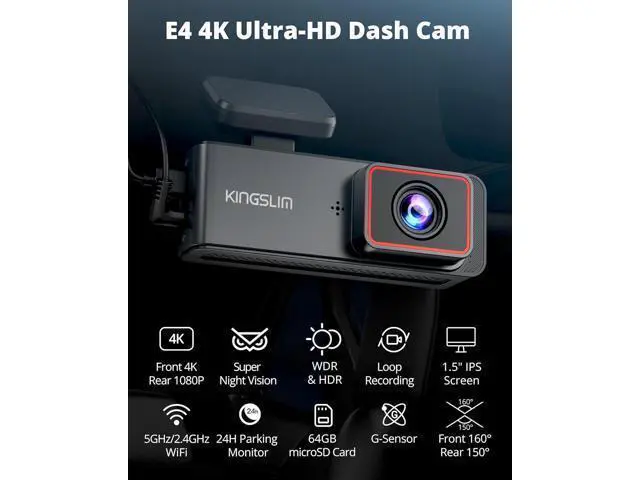 Alt view image 2 of 7 - Kingslim 4K Dash Cam Front and Rear, Front 4K Rear 1080P Dual Dash Camera for Cars, Mini Dashcam with 64GB Card, APP Control, Night Vision, G-Sensor, Loop Recording, Parking Mode