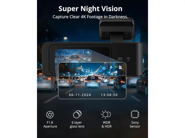 Alt view image 4 of 7 - Kingslim 4K Dash Cam Front and Rear, Front 4K Rear 1080P Dual Dash Camera for Cars, Mini Dashcam with 64GB Card, APP Control, Night Vision, G-Sensor, Loop Recording, Parking Mode