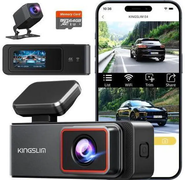 Main image of Kingslim 4K Dash Cam Front and Rear, Front 4K Rear 1080P Dual Dash Camera for Cars, Mini Dashcam with 64GB Card, APP Control, Night Vision, G-Sensor, Loop Recording, Parking Mode
