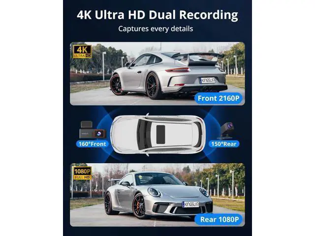 Alt view image 3 of 7 - Kingslim 4K Dash Cam Front and Rear, Front 4K Rear 1080P Dual Dash Camera for Cars, Mini Dashcam with 64GB Card, APP Control, Night Vision, G-Sensor, Loop Recording, Parking Mode