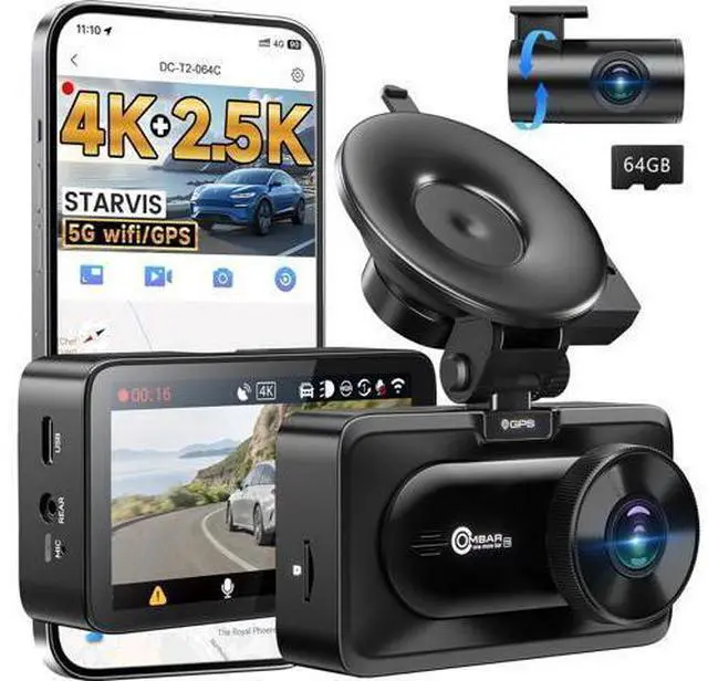 Main image of OMBAR Dash Cam Front and Rear, 4K/2.5K Ultra HD Dash Camera for Cars, Included 64GB Card, Built-in 5G Wi-Fi & GPS, 3.16 IPS Screen, Night Vision, 170°Wide Angle, HDR, 24H Parking Mode(T2)