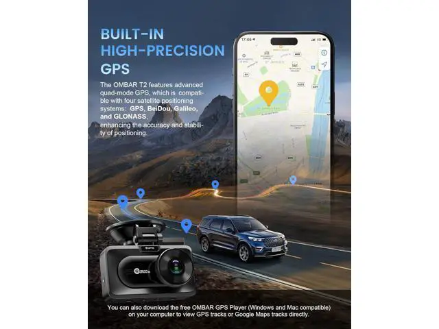 Alt view image 7 of 7 - OMBAR Dash Cam Front and Rear, 4K/2.5K Ultra HD Dash Camera for Cars, Included 64GB Card, Built-in 5G Wi-Fi & GPS, 3.16 IPS Screen, Night Vision, 170°Wide Angle, HDR, 24H Parking Mode(T2)