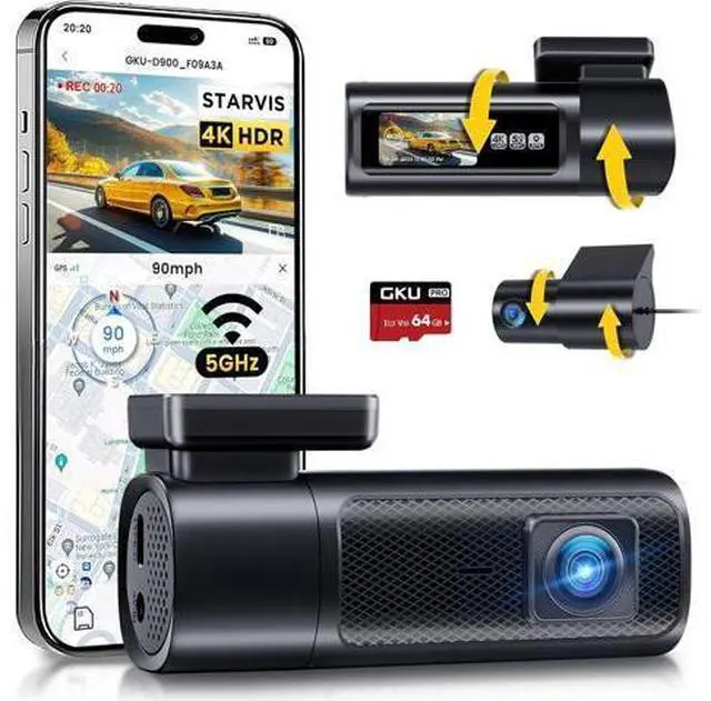 Main image of GKU Dash Cam Front and Rear, 4K 60fps2.5K Dashcam,STARVIS Sensor, HDR, 5G WiFi GPS, 24H Parking Mode, Night Vision, 170°Wide Angle, Dash Camera for Cars with 1.47 Display, 64G SDcard (Black)