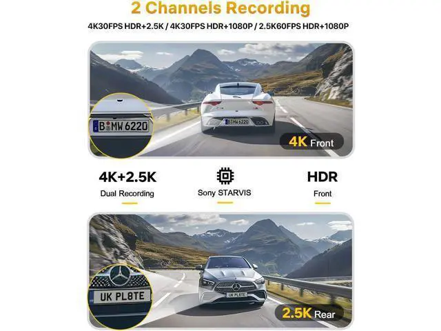 Alt view image 2 of 7 - GKU Dash Cam Front and Rear, 4K 60fps2.5K Dashcam,STARVIS Sensor, HDR, 5G WiFi GPS, 24H Parking Mode, Night Vision, 170°Wide Angle, Dash Camera for Cars with 1.47 Display, 64G SDcard (Black)
