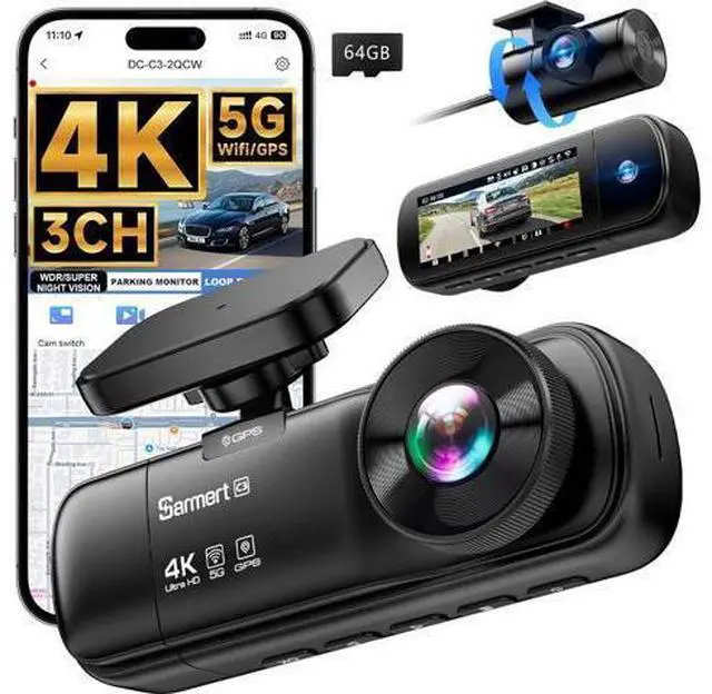 Main image of SARMERT 4K 3 Channel Dash Cam, Dash Cam Front and Rear C3, Free 64GB Card, 4K+1080P+1080P Dashcam, G-Sensor, WDR, APP, 5G WiFi, Night Vision, 24H Parking Monitor
