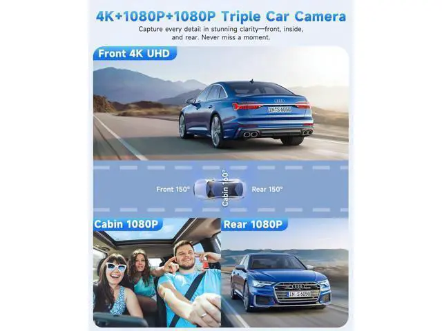 Alt view image 2 of 7 - SARMERT 4K 3 Channel Dash Cam, Dash Cam Front and Rear C3, Free 64GB Card, 4K+1080P+1080P Dashcam, G-Sensor, WDR, APP, 5G WiFi, Night Vision, 24H Parking Monitor