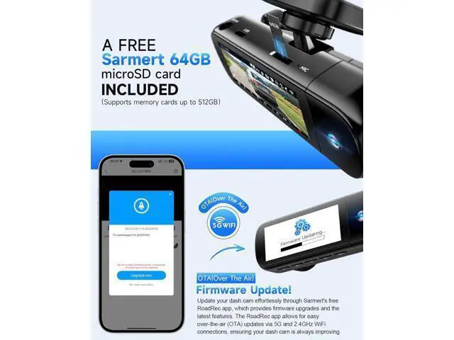 Alt view image 6 of 7 - SARMERT 4K 3 Channel Dash Cam, Dash Cam Front and Rear C3, Free 64GB Card, 4K+1080P+1080P Dashcam, G-Sensor, WDR, APP, 5G WiFi, Night Vision, 24H Parking Monitor
