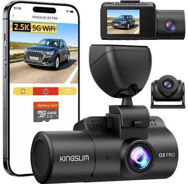 Main image of Kingslim 3 Channel 5G WiFi Dash Cam with 64GB Card, 2.5K/1080P Front and Rear Inside Dashcam, 2.5K/1080P/1080P Three Way Dash Camera for Cars Auto IR Night Vision, Loop Recording, APP Control(O3PRO)