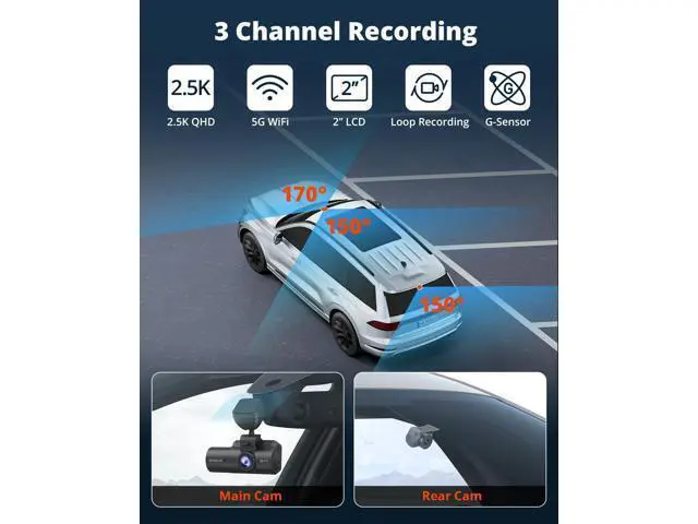 Alt view image 6 of 7 - Kingslim 3 Channel 5G WiFi Dash Cam with 64GB Card, 2.5K/1080P Front and Rear Inside Dashcam, 2.5K/1080P/1080P Three Way Dash Camera for Cars Auto IR Night Vision, Loop Recording, APP Control(O3PRO)