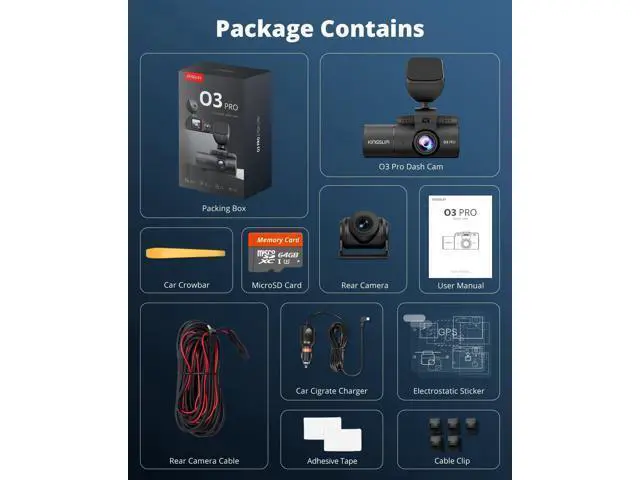 Alt view image 7 of 7 - Kingslim 3 Channel 5G WiFi Dash Cam with 64GB Card, 2.5K/1080P Front and Rear Inside Dashcam, 2.5K/1080P/1080P Three Way Dash Camera for Cars Auto IR Night Vision, Loop Recording, APP Control(O3PRO)