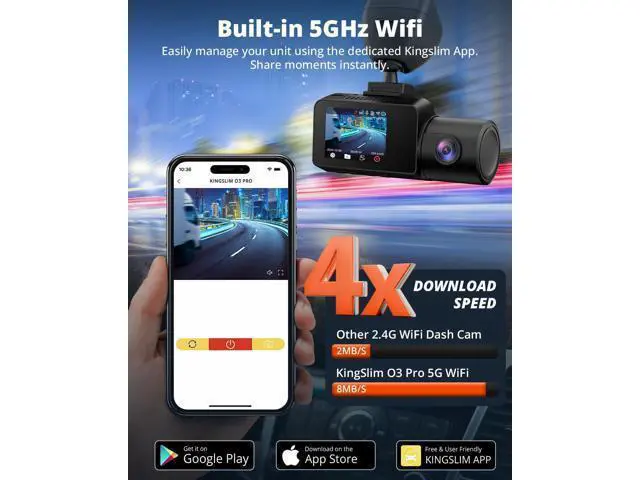 Alt view image 3 of 7 - Kingslim 3 Channel 5G WiFi Dash Cam with 64GB Card, 2.5K/1080P Front and Rear Inside Dashcam, 2.5K/1080P/1080P Three Way Dash Camera for Cars Auto IR Night Vision, Loop Recording, APP Control(O3PRO)