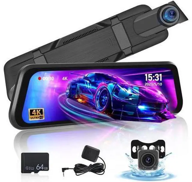 Main image of 9.66 Inch Rear View Mirror Camera - 4K Mirror Dash Cam Front and Rear with 1080P Rear Camera - Full Touch Screen Mirror Camera for Car with WiFi&APP Control Parking Monitor Night Vision + 64GB Card
