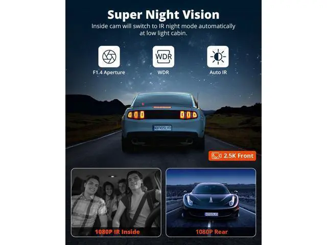 Alt view image 5 of 7 - Kingslim 3 Channel 5G WiFi Dash Cam with 64GB Card, 2.5K/1080P Front and Rear Inside Dashcam, 2.5K/1080P/1080P Three Way Dash Camera for Cars Auto IR Night Vision, Loop Recording, APP Control(O3PRO)