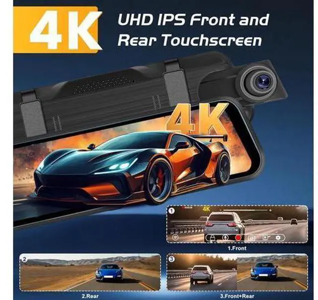 Alt view image 2 of 7 - 9.66 Inch Rear View Mirror Camera - 4K Mirror Dash Cam Front and Rear with 1080P Rear Camera - Full Touch Screen Mirror Camera for Car with WiFi&APP Control Parking Monitor Night Vision + 64GB Card