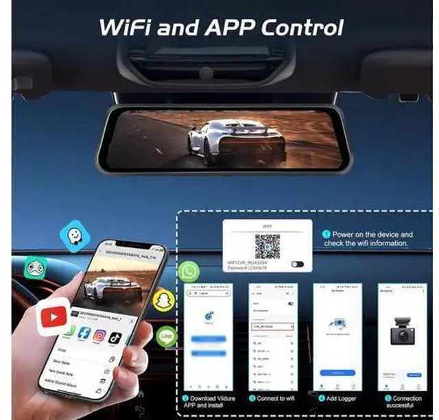 Alt view image 3 of 7 - 9.66 Inch Rear View Mirror Camera - 4K Mirror Dash Cam Front and Rear with 1080P Rear Camera - Full Touch Screen Mirror Camera for Car with WiFi&APP Control Parking Monitor Night Vision + 64GB Card