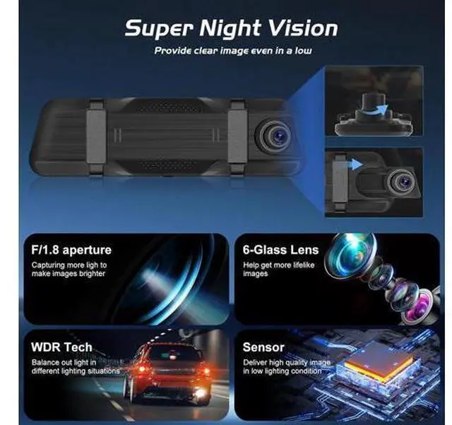 Alt view image 5 of 7 - 9.66 Inch Rear View Mirror Camera - 4K Mirror Dash Cam Front and Rear with 1080P Rear Camera - Full Touch Screen Mirror Camera for Car with WiFi&APP Control Parking Monitor Night Vision + 64GB Card
