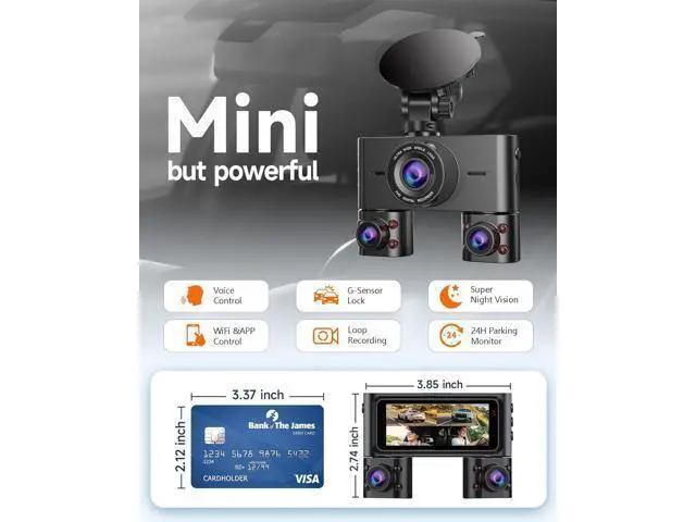 Alt view image 2 of 7 - 360° Dash Cam Front and Rear Inside, 4 Channel Dash Camera for Cars FHD 1080Px4, Built-in Wi-Fi, 3.16 IPS Screen, WDR Night Vision, Voice Control, Included 64GB Card, 24H Parking Mode