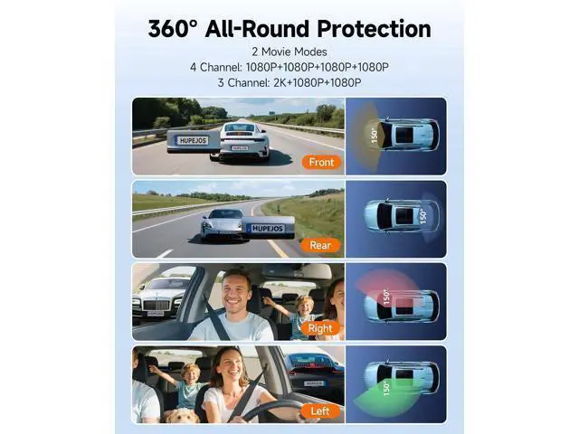 Alt view image 3 of 7 - 360° Dash Cam Front and Rear Inside, 4 Channel Dash Camera for Cars FHD 1080Px4, Built-in Wi-Fi, 3.16 IPS Screen, WDR Night Vision, Voice Control, Included 64GB Card, 24H Parking Mode